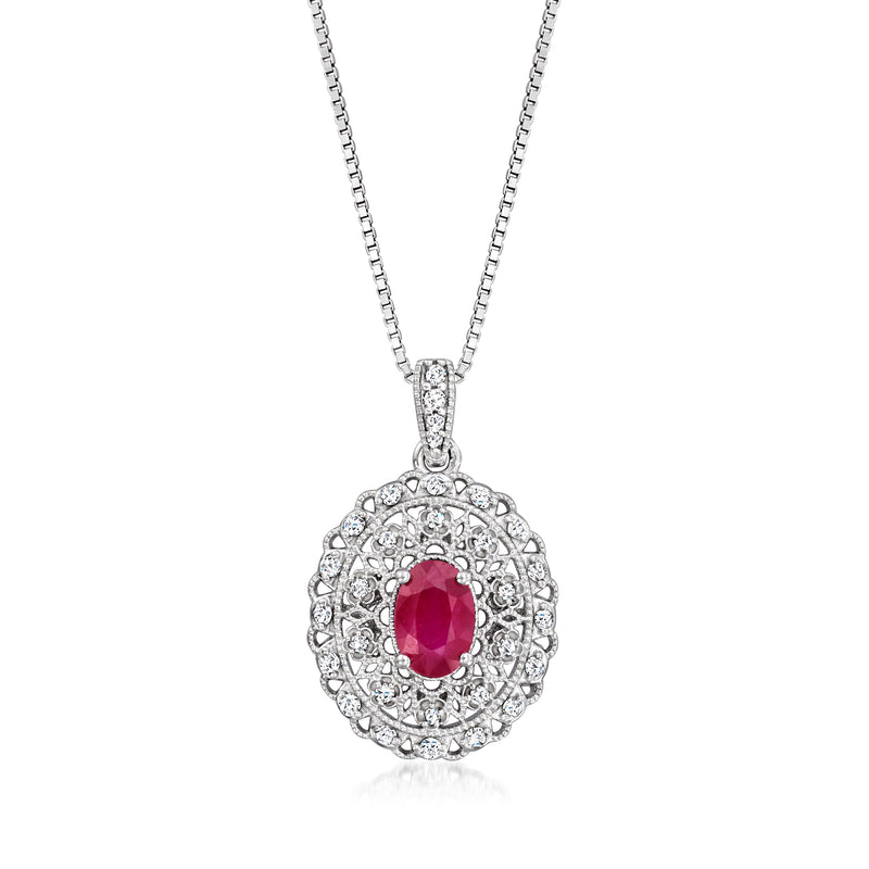 Sterling silver milgrain pendant necklace with oval red ruby and diamond halo