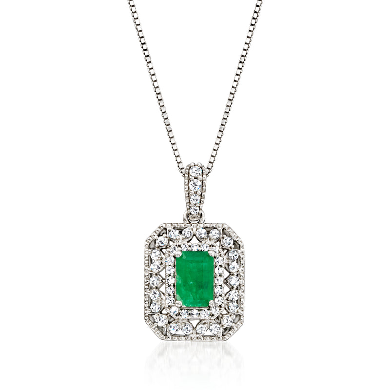 Sterling silver pendant necklace with green emerald-cut center and diamond halo