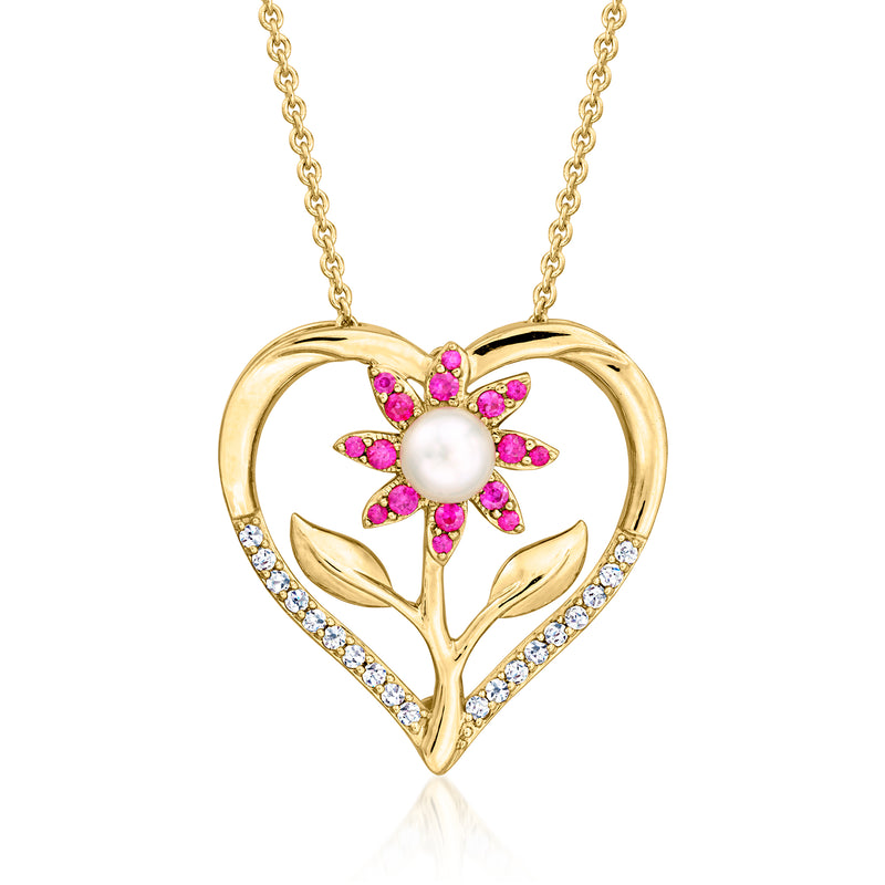 Gold heart pendant necklace with cultured pearl center, pink and purple gemstone flower, zircons