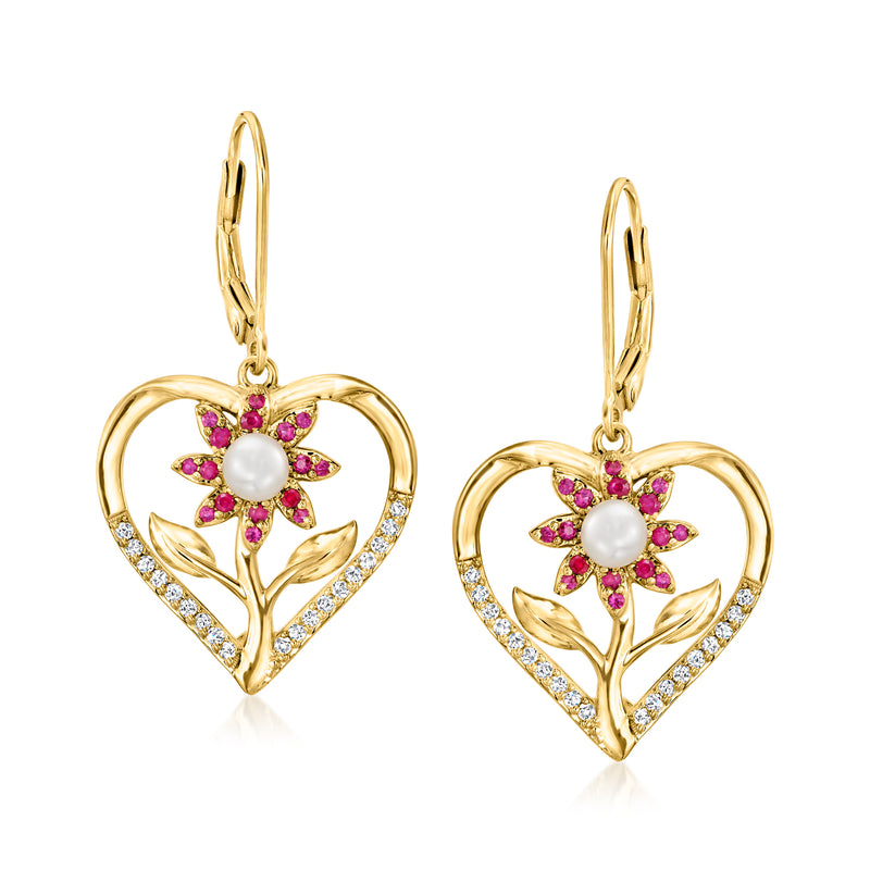 Gold heart drop earrings with pearl, pink stones, leverback closure