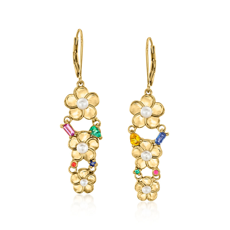18kt gold over sterling flower drop earrings with cultured pearls and multi gemstone accents