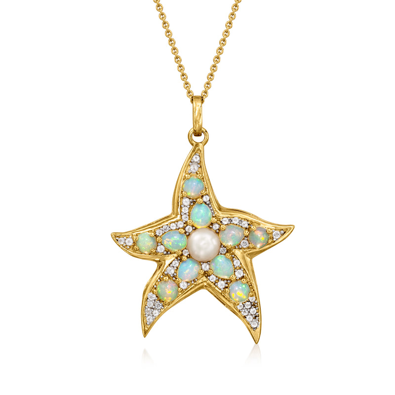 Gold starfish pendant necklace with opal-like stones, white cultured pearl center, cubic zirconia