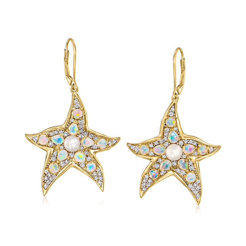 18kt gold over sterling starfish drop earrings with white pearl, opal glow, leverback.