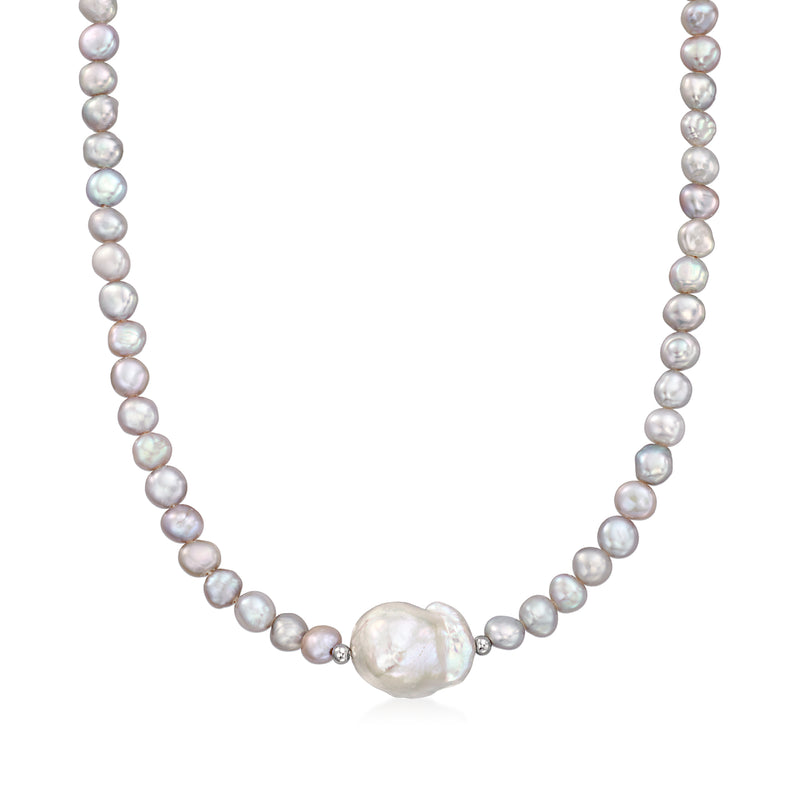 Cultured baroque pearl necklace with gray and white pearls and a baroque center pearl