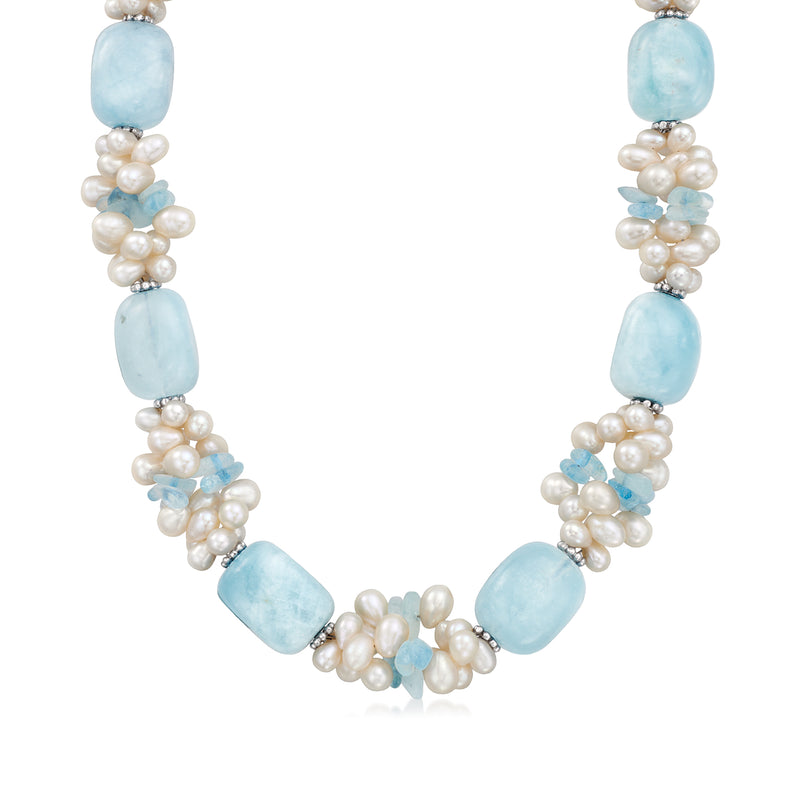 Aquamarine bead and cultured pearl necklace with light blue rectangular beads and white pearls