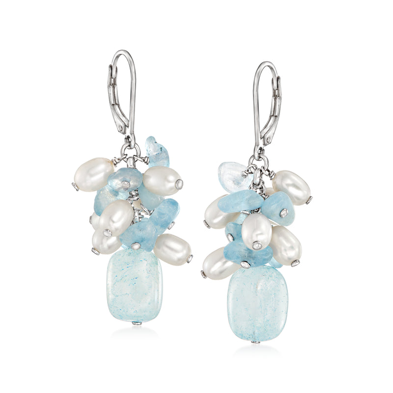Sterling silver aquamarine and cultured pearl drop earrings, leverback, blue stone cluster
