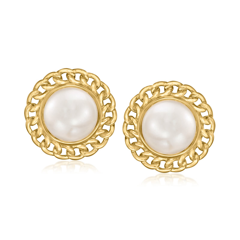 11–12mm cultured pearl post earrings with gold curb-link border, 18kt gold over sterling