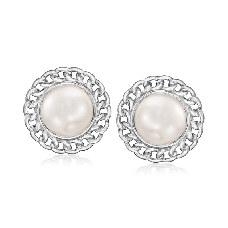Sterling silver post earrings with round cultured pearl and curb-link halo settings