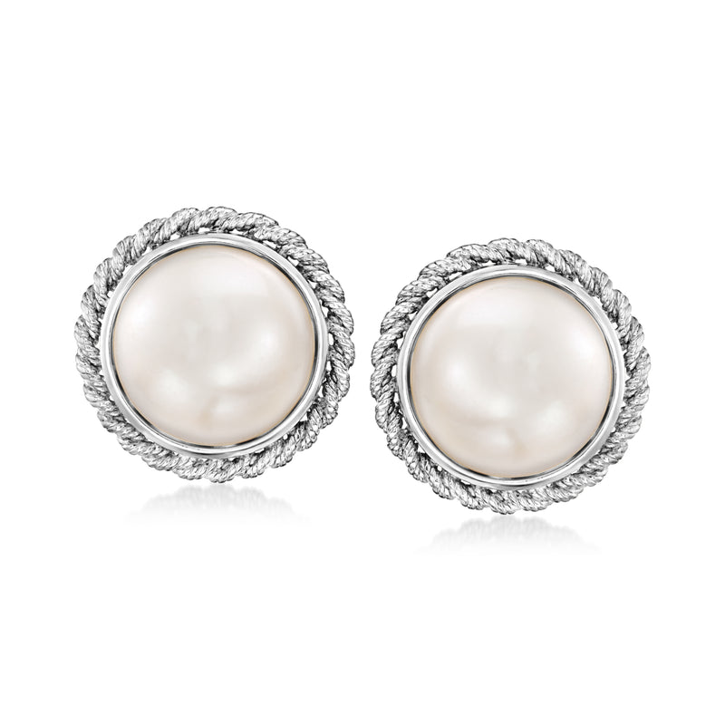 Sterling silver rope bezel cultured pearl stud earrings, 11–12mm round pearls