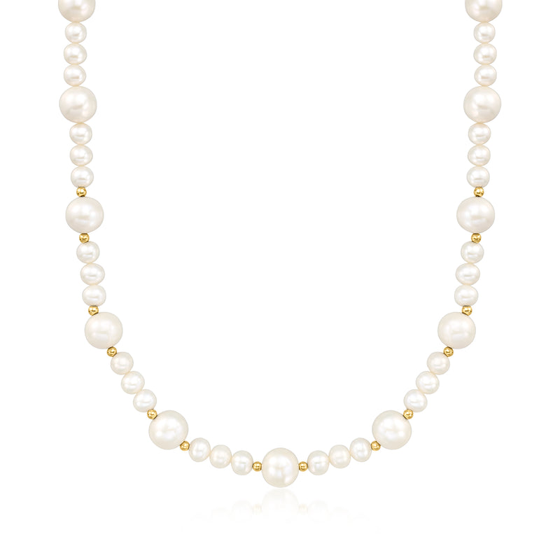 Cultured pearl necklace with 14kt yellow gold bead accents and round pearl strand