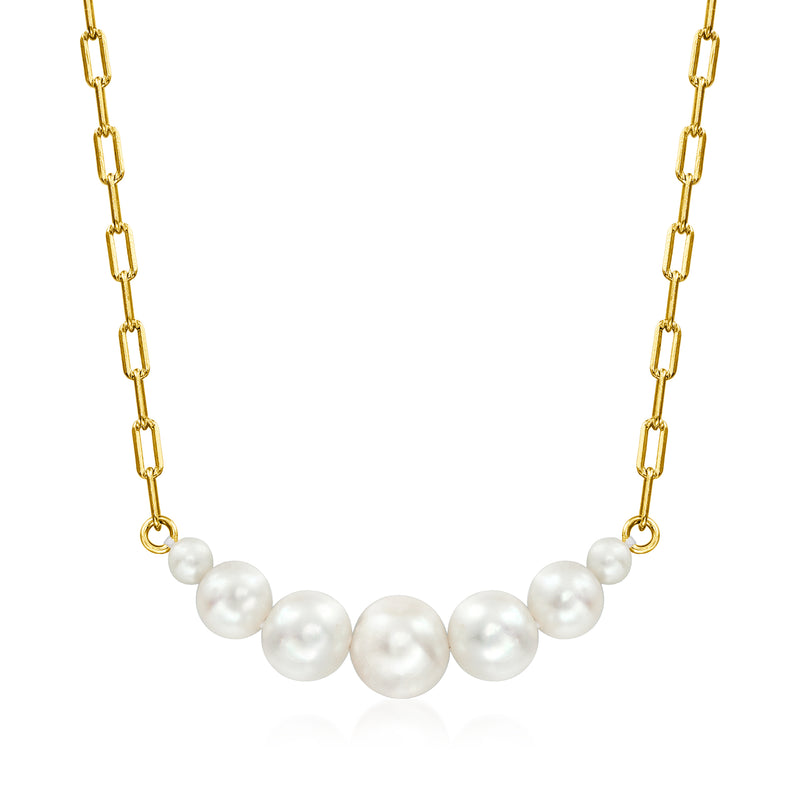 Gold paper-clip link necklace with white cultured pearl stations