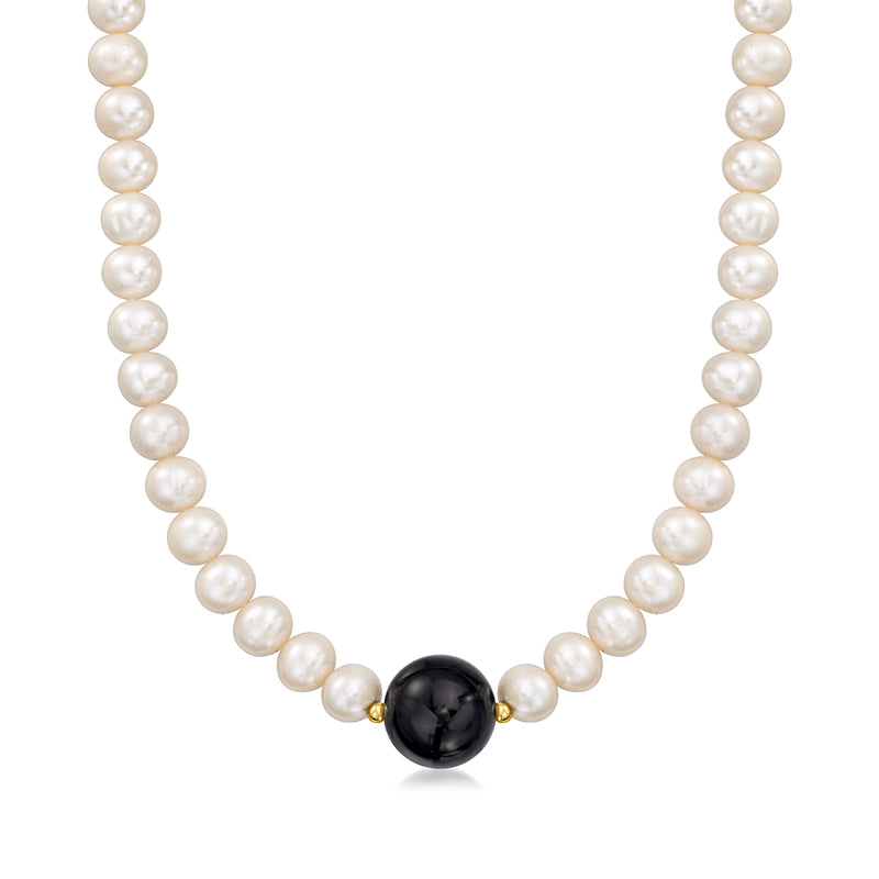 Cultured pearl necklace with black onyx center bead and yellow gold accent