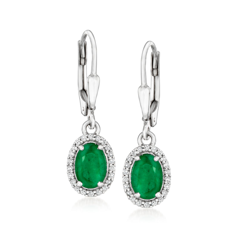 Sterling silver leverback drop earrings with green oval gemstone and white halo