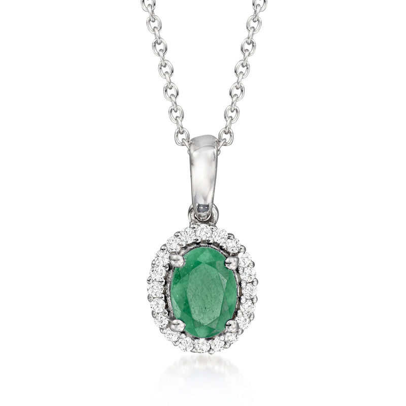 Sterling silver pendant necklace with oval green emerald-cut gemstone and white topaz halo