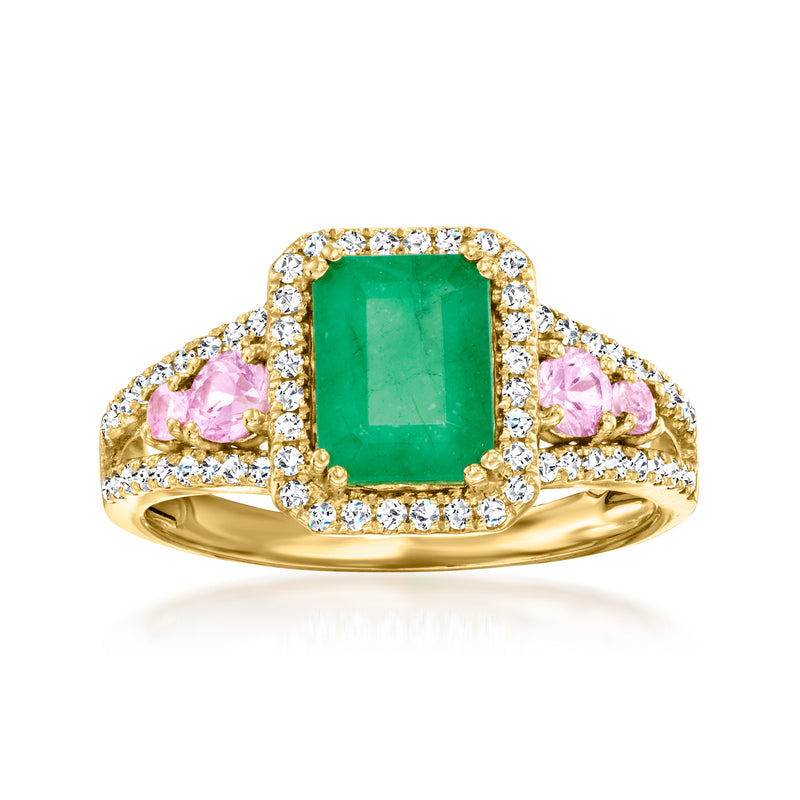 14kt yellow gold ring with emerald center, pink sapphires, and diamond accents