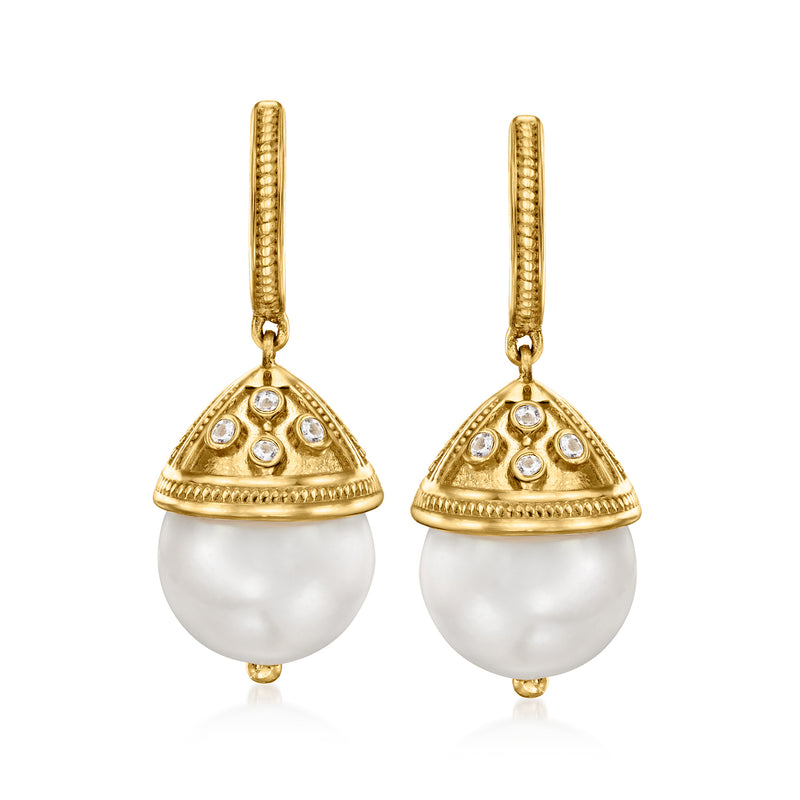 Gold hoop drop earrings with white cultured pearl drops and clear topaz accents