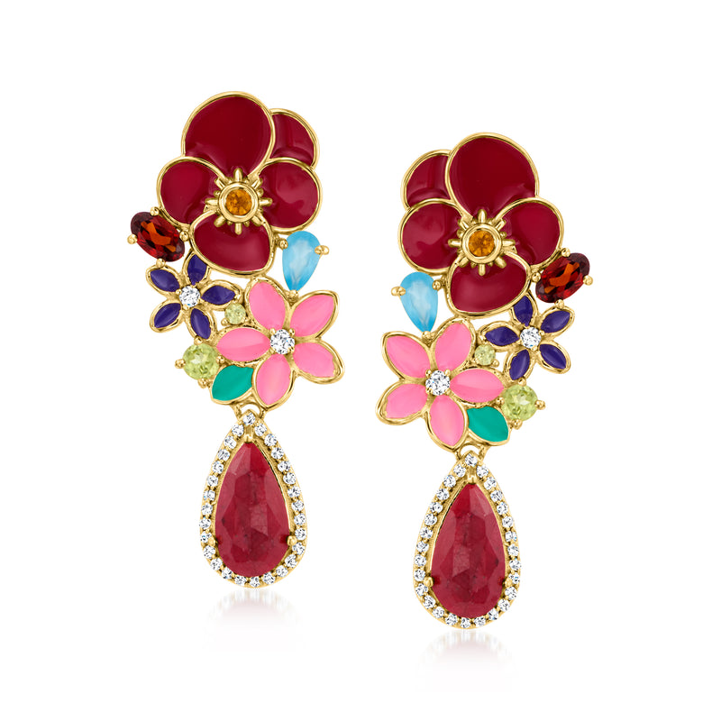Floral drop earrings with multicolored enamel flowers and red teardrop stones in gold