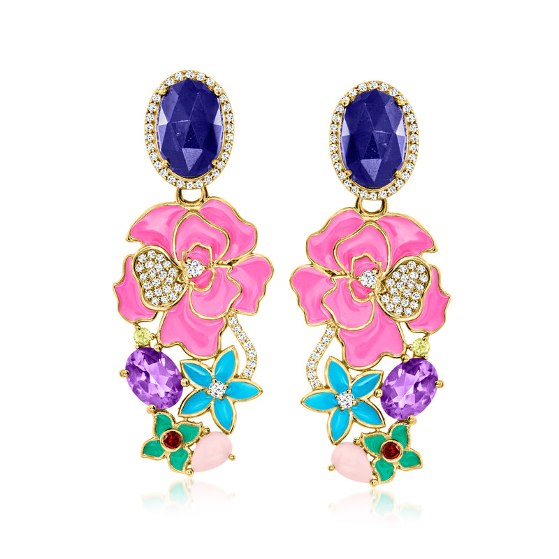 Gold-toned flower drop earrings with oval blue stone, pink enamel petals, purple and teal gems