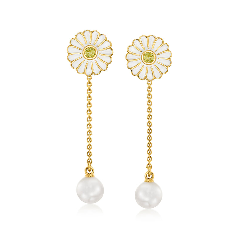 Gold enamel flower drop earrings with white cultured pearl dangles