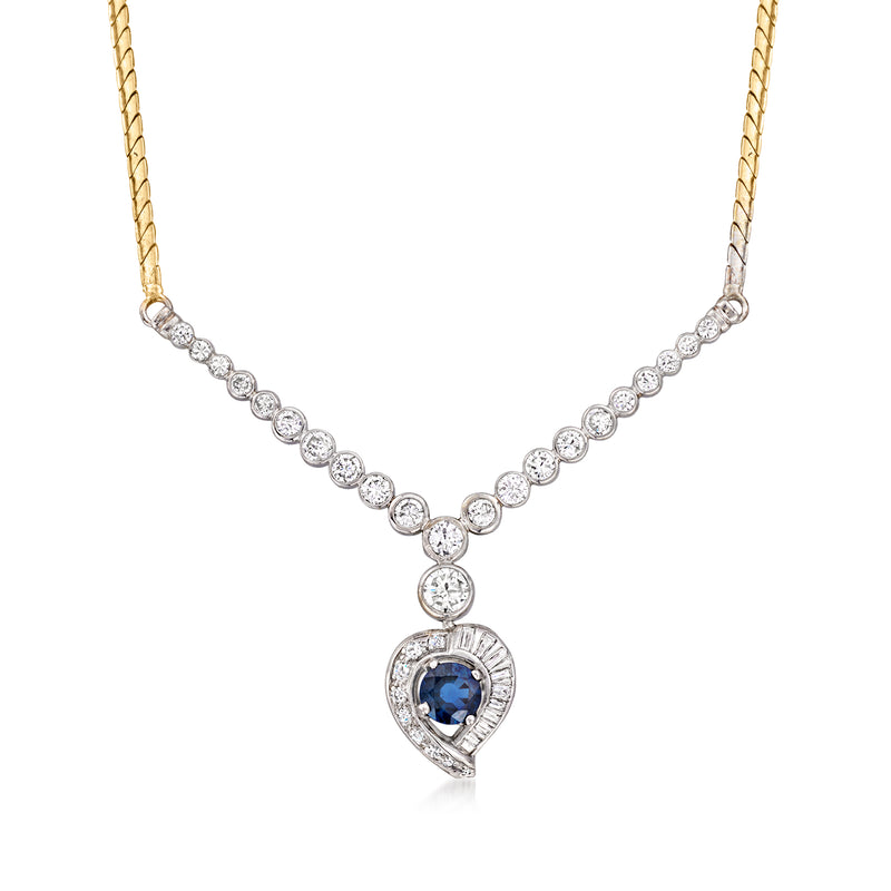 Two-tone gold heart pendant necklace with blue sapphire center and diamond halo