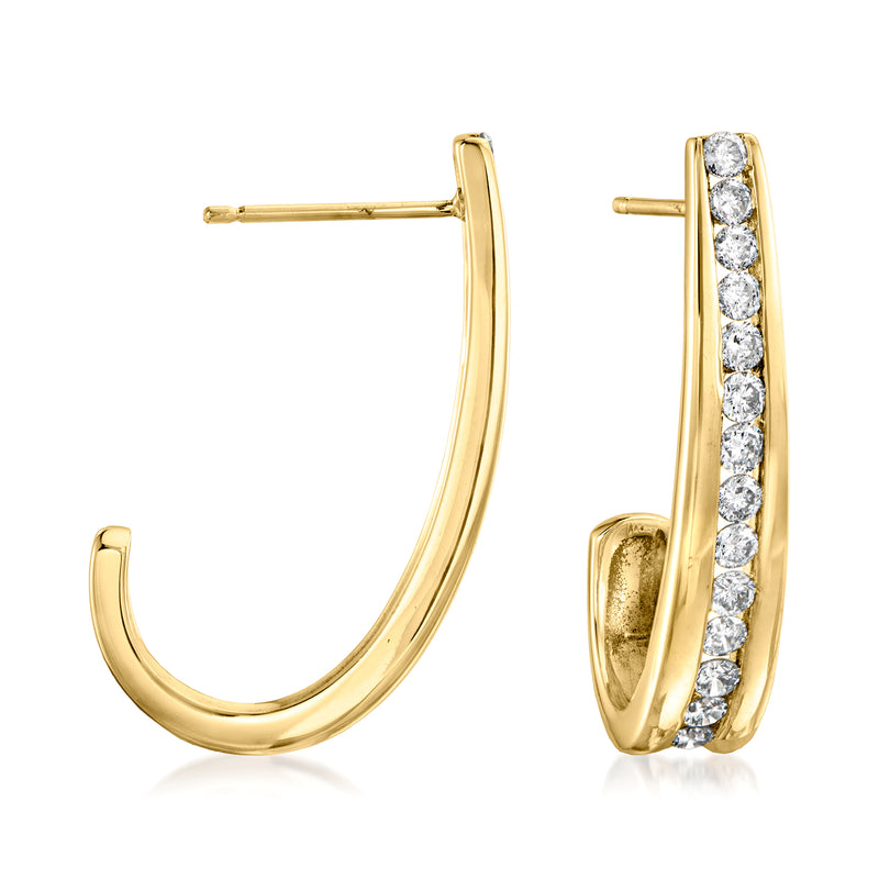 Curved 14kt yellow gold post hoop earrings with round diamonds in a vertical row
