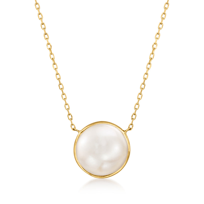14kt yellow gold cultured pearl necklace with round bezel pearl pendant