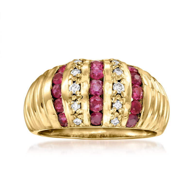 Vintage ridged yellow gold ring with ruby stones and diamond accents