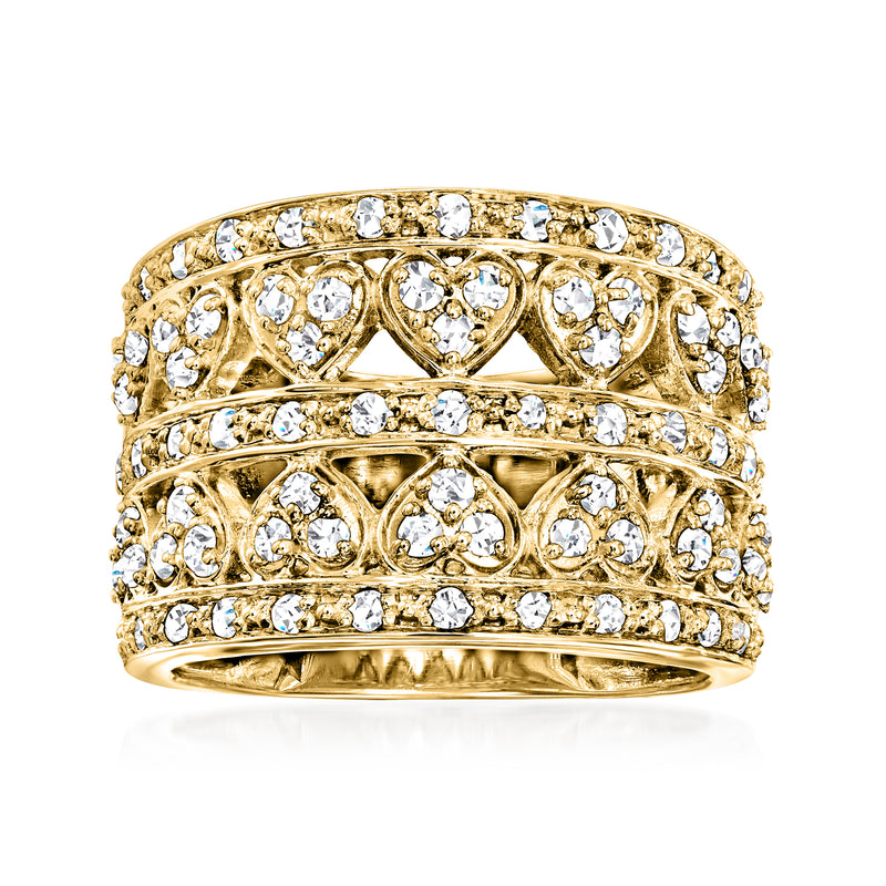 Gold multi-row heart diamond-look ring with openwork hearts and sparkling stones