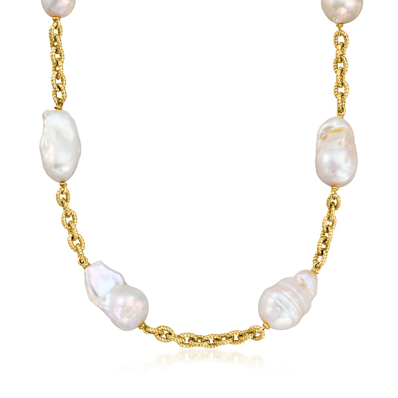 Baroque cultured pearl necklace with 18kt gold over sterling chain and irregular white pearls