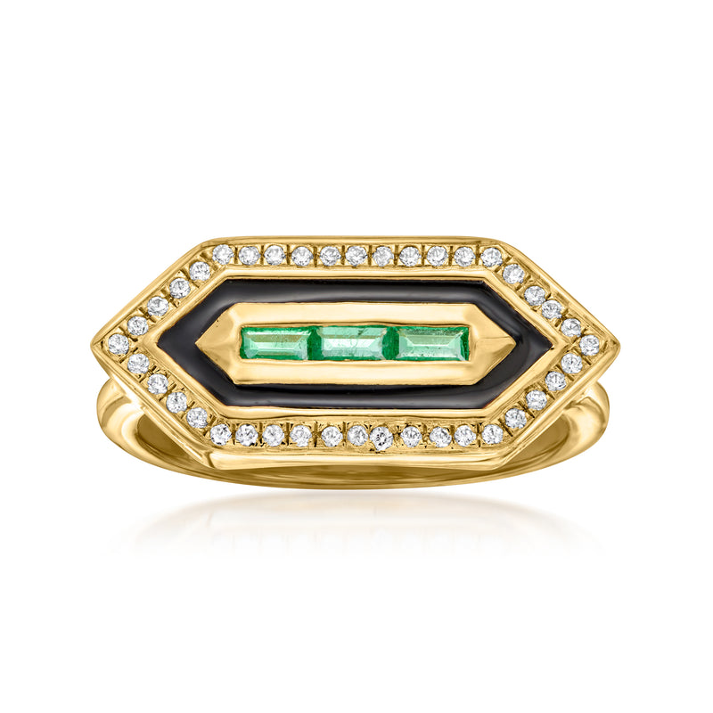 Art Deco gold ring with emerald green center, black enamel, and white crystal border