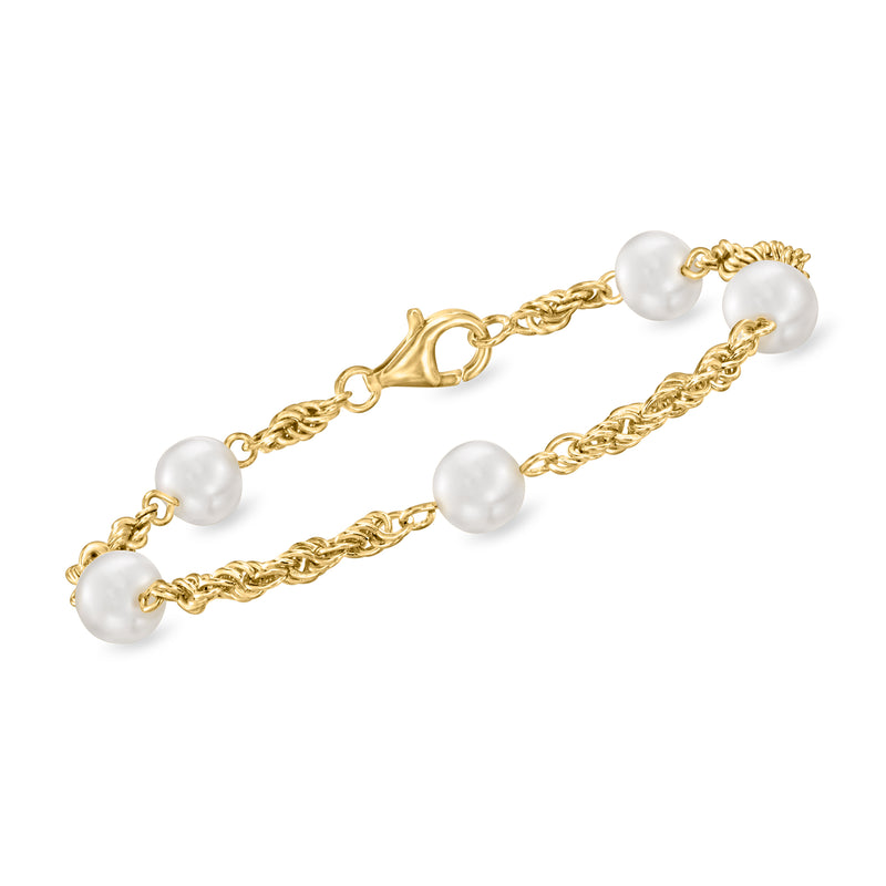Gold rope-chain bracelet with round white cultured pearls and clasp detail