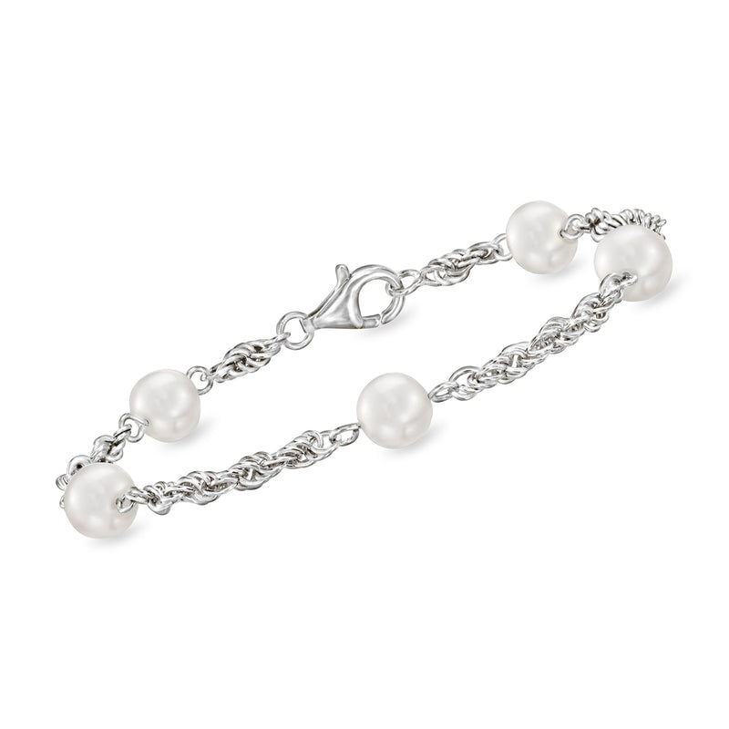 Sterling silver rope-chain bracelet with round cultured pearls and heart clasp