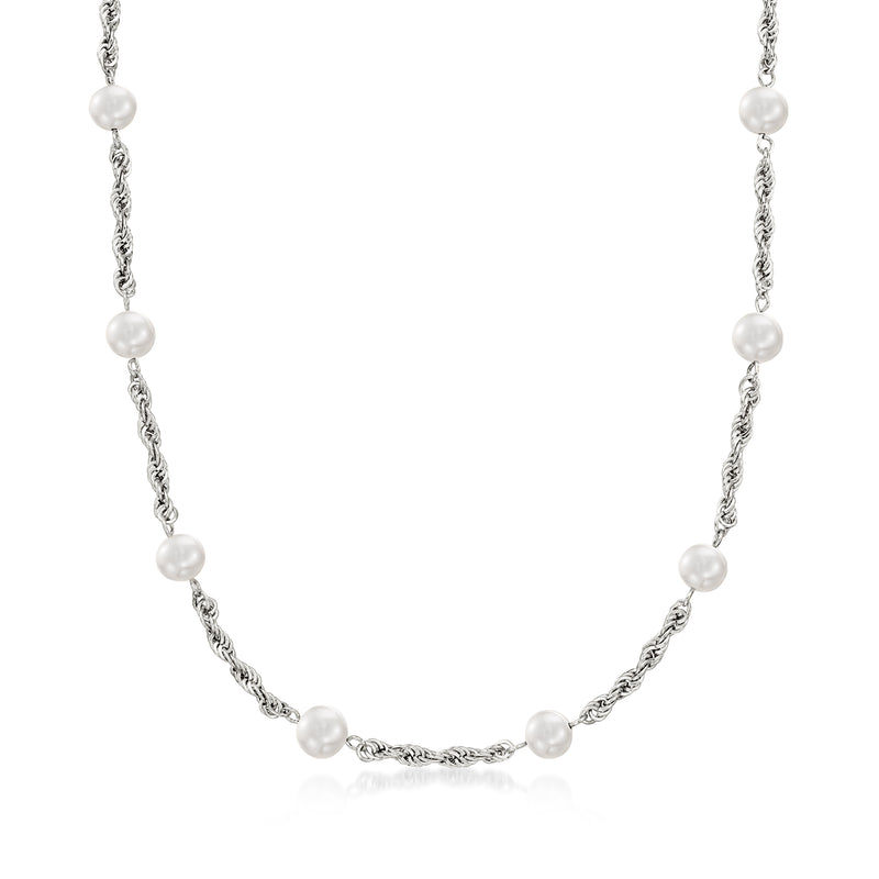Cultured pearl rope-chain necklace with round white pearls on a silver chain