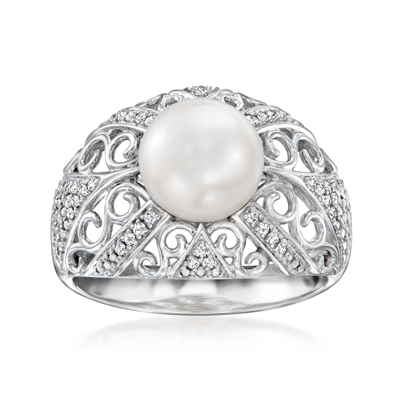 Sterling silver filigree ring with large cultured pearl and diamond accents