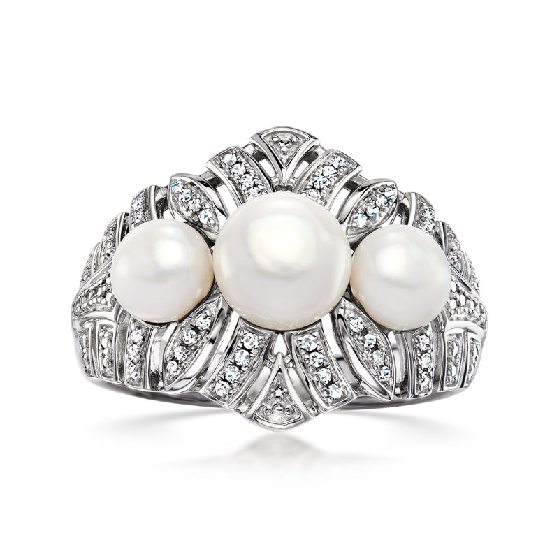 Sterling silver vintage-style ring with three white cultured pearls and diamond accents