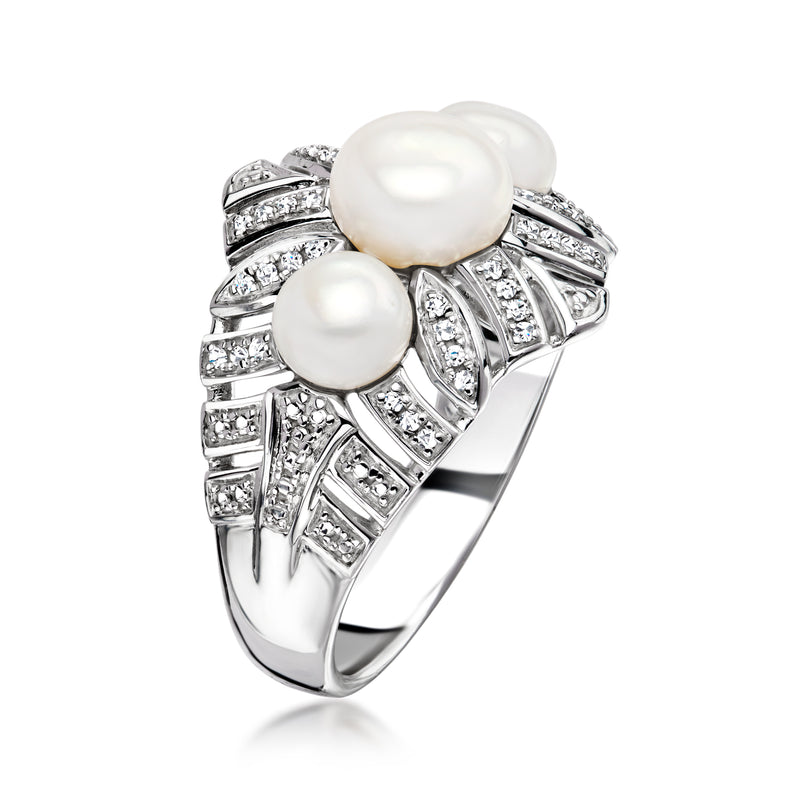 Vintage-style sterling silver pearl and diamond ring with three cultured pearls