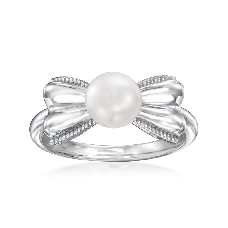 Sterling silver bow ring with white cultured pearl center