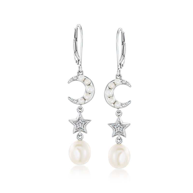 Sterling silver leverback earrings with pearl drops, moon-and-star charms with diamonds