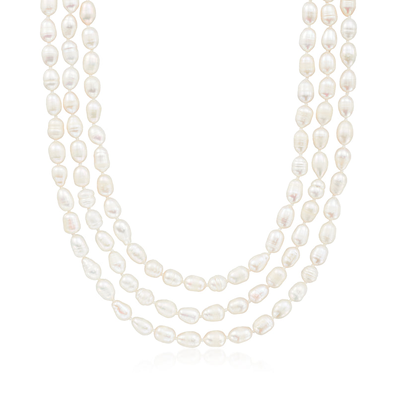 Cultured semi-baroque pearl endless necklace with three layered strands
