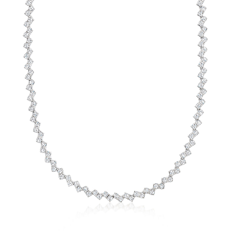 Sterling silver zigzag CZ necklace with oval-link sparkle rows
