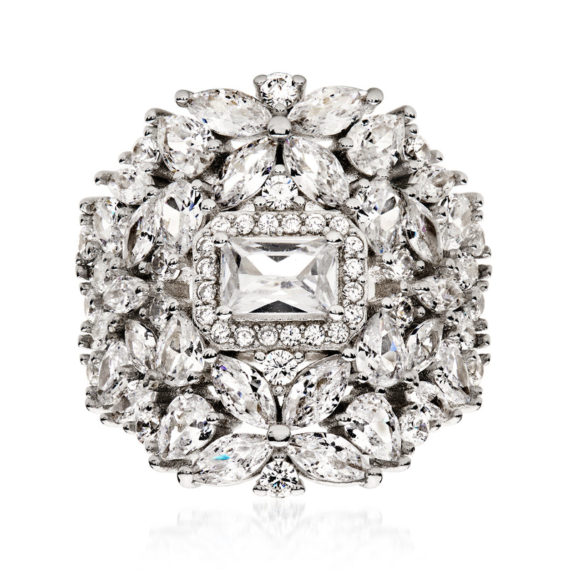 Sterling silver CZ floral ring with petal halo and rectangular center stone