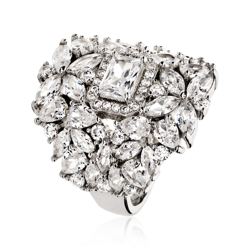 Sterling silver CZ floral ring with large rectangular center stone and oval halo