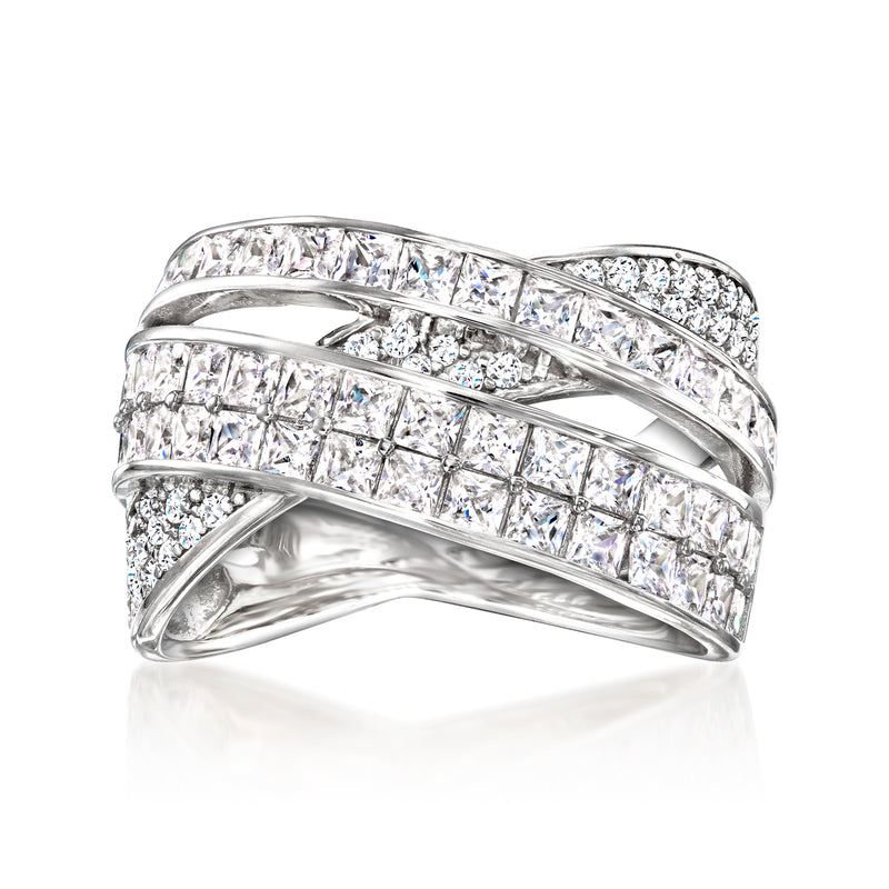 Sterling silver CZ highway ring with three rows of clear stones, curved band