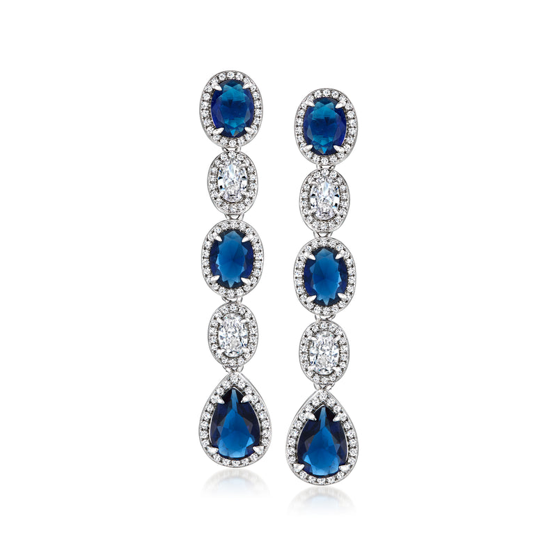 Sterling silver drop earrings with oval blue stones and clear cubic zirconia halos