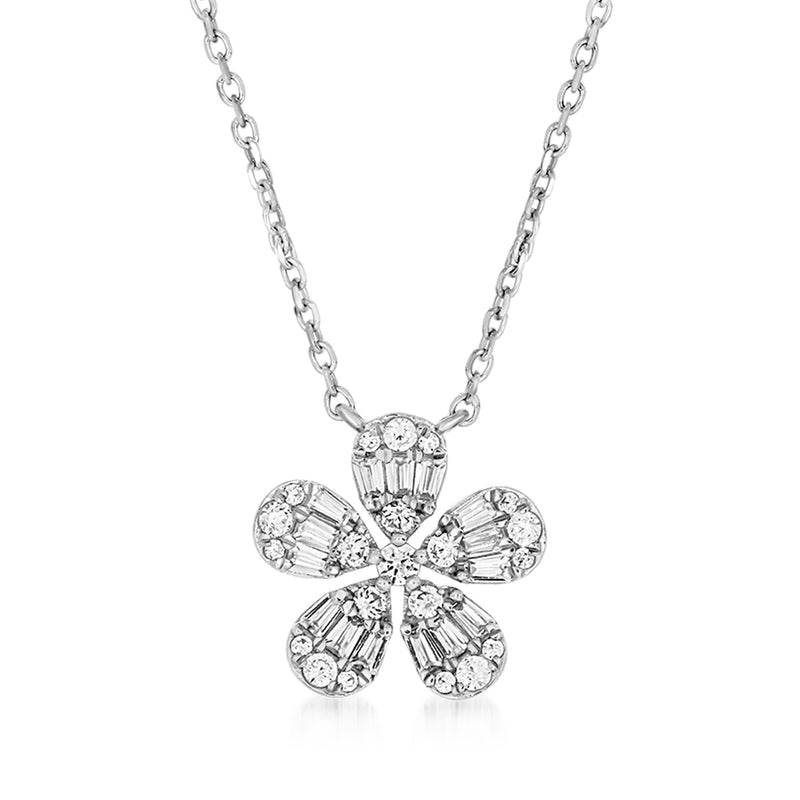 14kt white gold diamond flower necklace with round and baguette stones, link chain