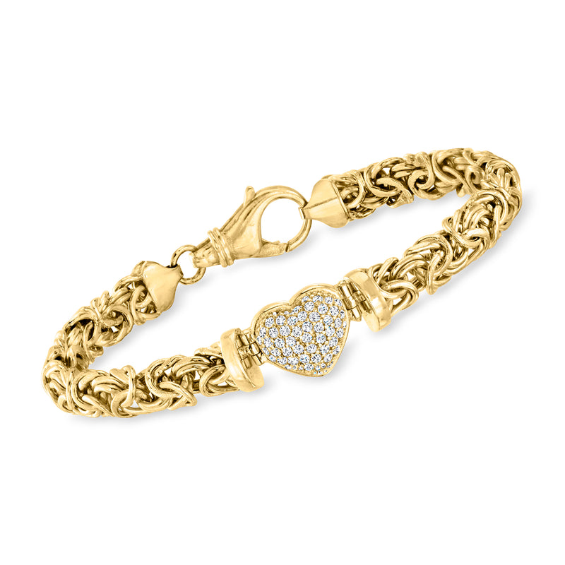 18kt gold over sterling heart CZ Byzantine bracelet with linked chain and clasp