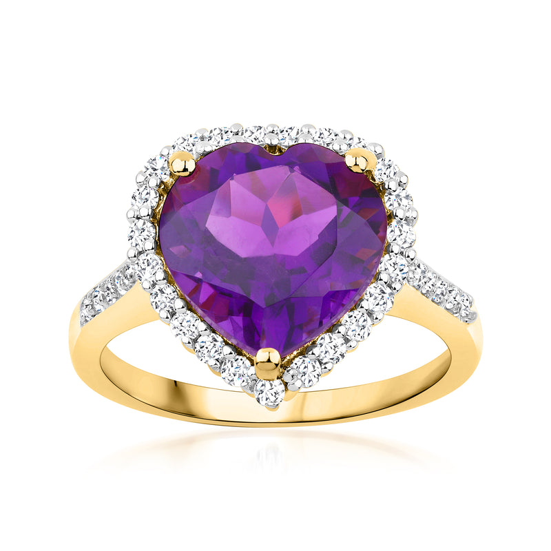 Amethyst heart solitaire ring with white gemstone halo and gold-tone band