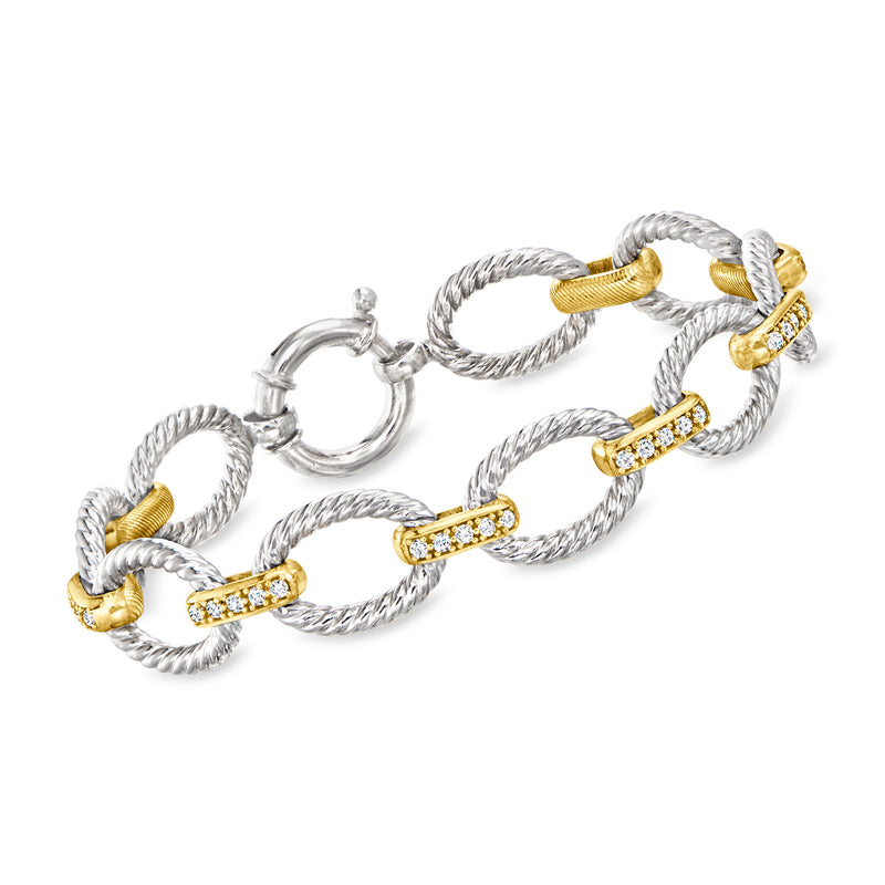 Oval-link bracelet in sterling silver and gold over silver with CZ accents