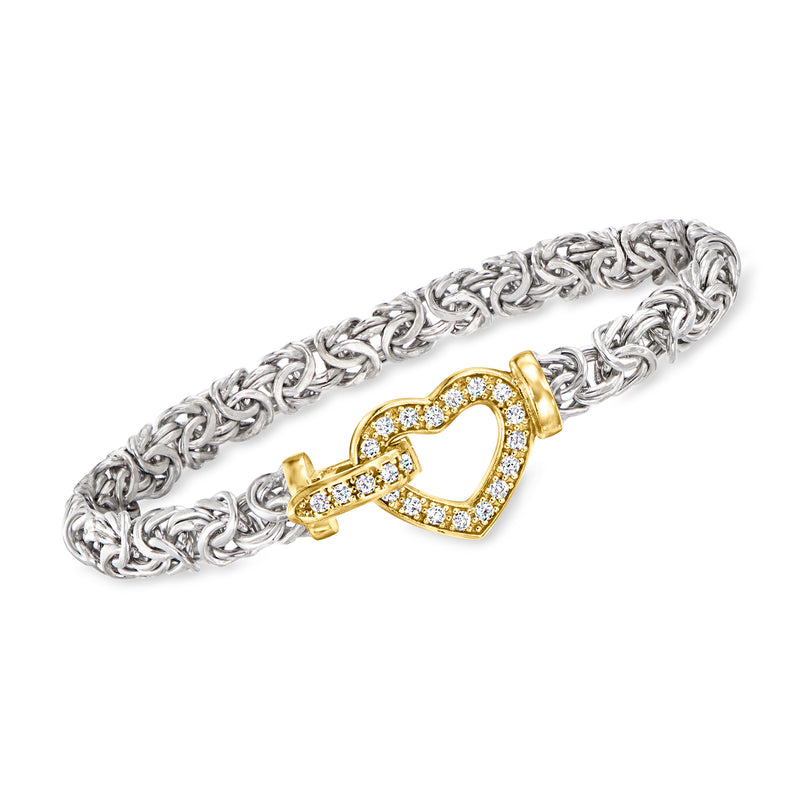 Sterling silver link bracelet with gold heart clasp and sparkling CZ-like stones