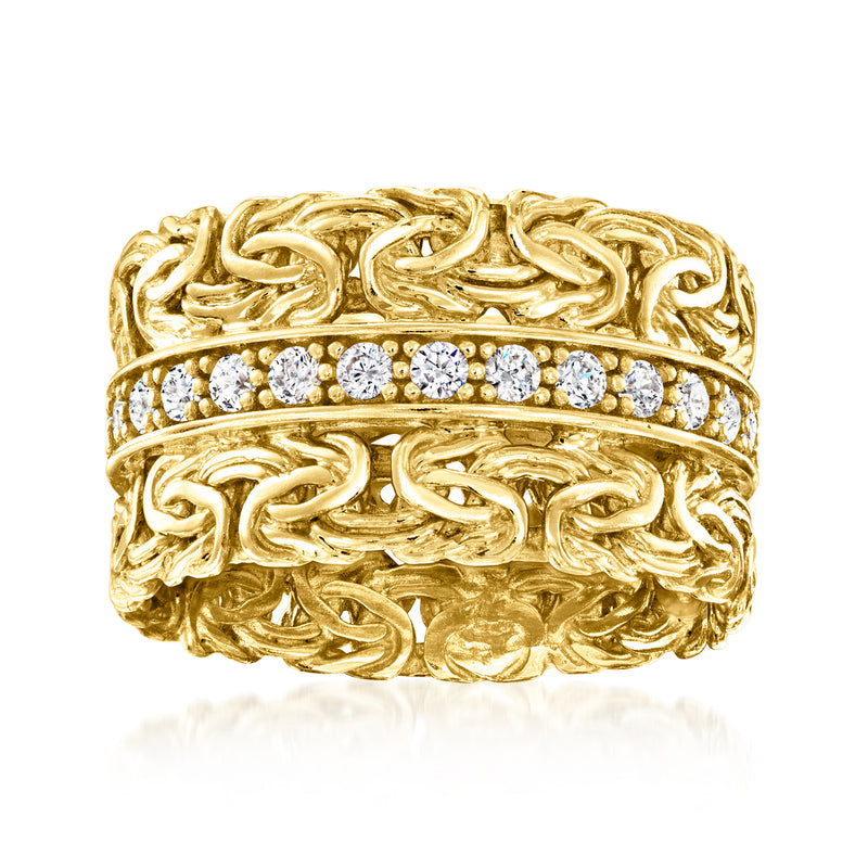 Gold Byzantine-style CZ ring with round stone row, 18kt gold over sterling